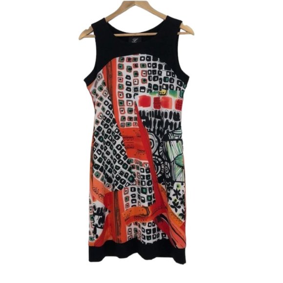 libra Dresses & Skirts - Libra Bright Orange and black abstract geometric print sleeveless midi dress Med